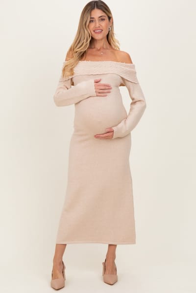 ABLE Beige Faux Pearl Detail Off Shoulder Maternity Sweater Dress
