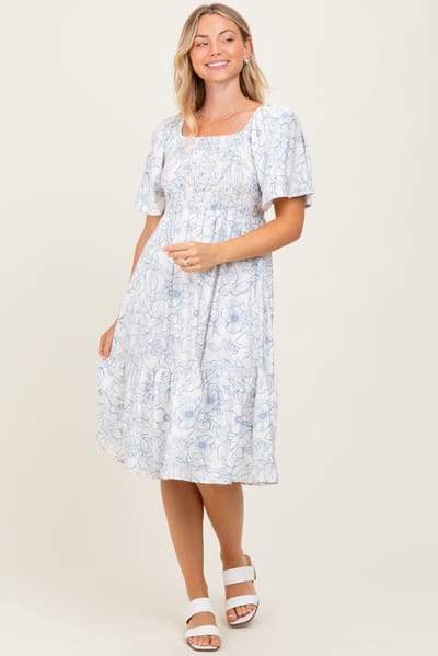 Chris & Carol Ivory Floral Smocked Flutter Sleeve Midi Dress