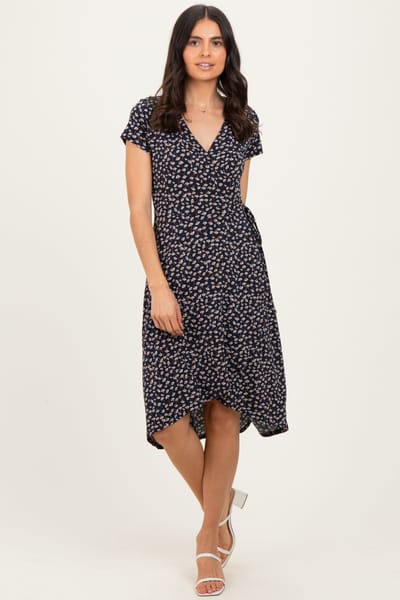 Gilli Navy Printed V-Neck Midi Wrap Dress