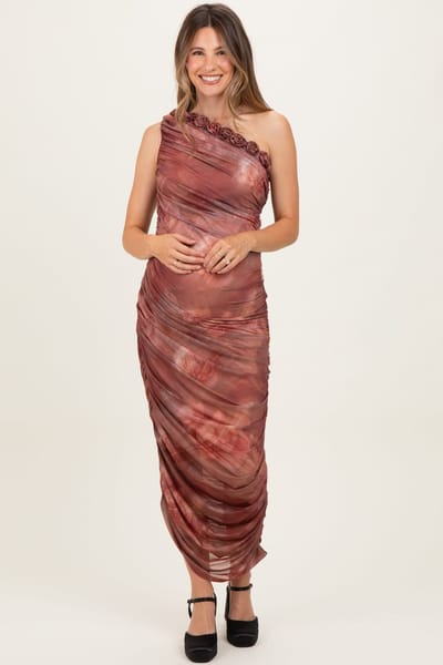 PinkBlush Rust Floral Ruched Rosette One-Shoulder Maternity Midi Dress