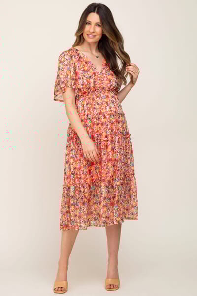 PinkBlush Orange Metallic Striped Chiffon Ruffle Tiered Maternity Midi Dress