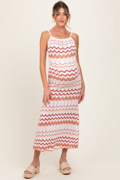 PinkBlush Salmon Pointelle Chevron Knit Open Back Maternity Midi Dress