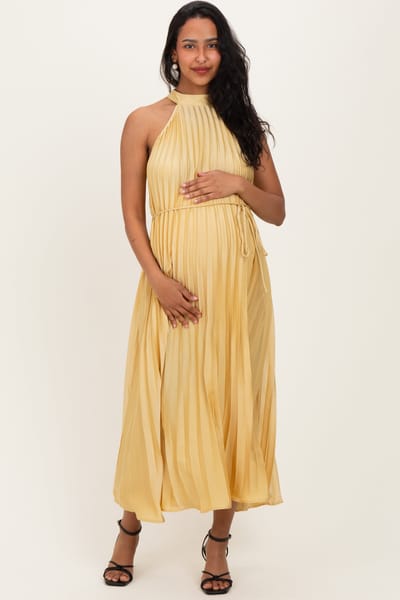 PinkBlush Yellow Pleated Maternity Halter Dress