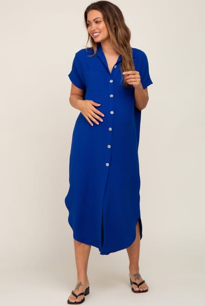 salt & bit Royal Blue Button Down Hi Low Maternity Maxi Dress