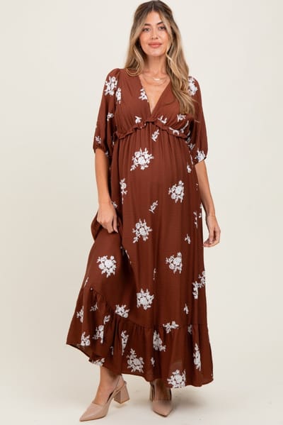Rhea + Thea Brown Vintage Floral Embroidered V-Neck 3/4 Sleeve Maternity Maxi Dress