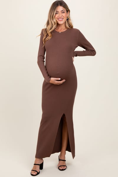 Be Cool Mocha Ribbed Knit Long Sleeve Side Slit Maternity Maxi Dress