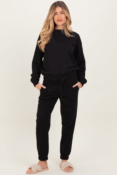 Zenana Outfitters Black Fleece Long Sleeve Maternity Pullover & Jogger Set