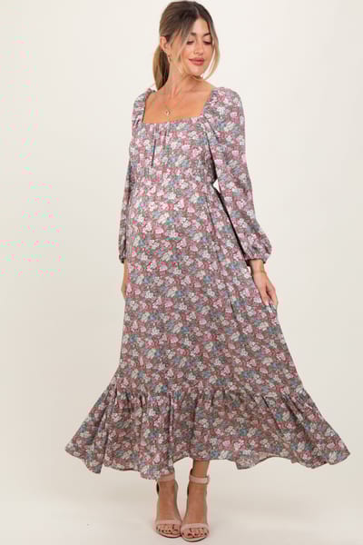 Elloh Pink Floral Reversible Long Sleeve Maternity Maxi Dress