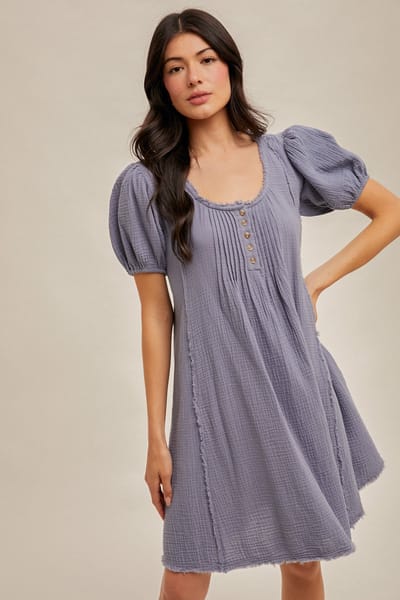 Hem & Thread Blue Pintuck Detailed Cotton Double Gauze Mini Dress