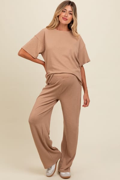 Rhea + Thea Taupe Textured Knit Oversized Tee And Pants Maternity Set