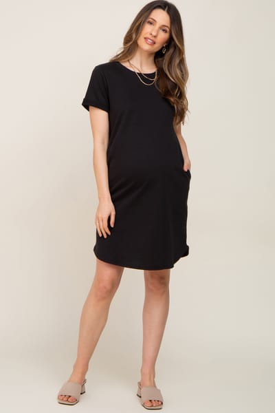 Hello Miz Black French Terry Cuffed Short Sleeve Maternity Dress
