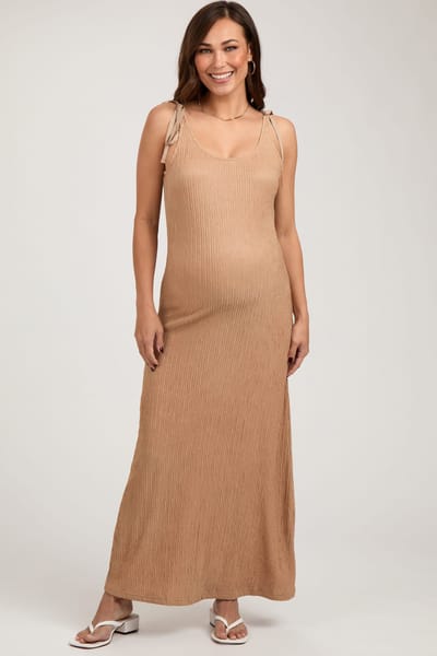 PinkBlush Mocha Textured Tie Strap Maternity Midi Dress