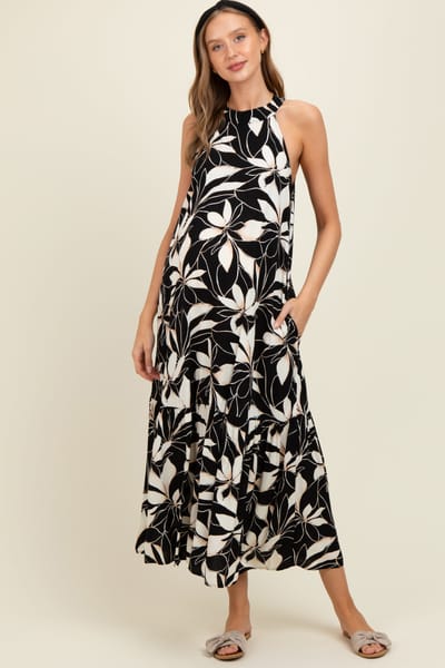 Calista Black/Beige Print Halter Neck Tiered Maternity Maxi Dress