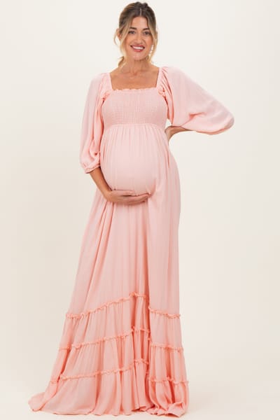 PinkBlush Light Pink Solid 3/4 Sleeve Smocked Top Tiered Maternity Maxi Dress