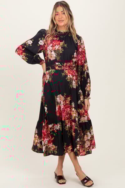 PinkBlush Black Floral Long Sleeve Maternity Midi Dress