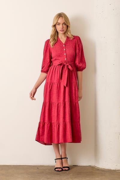 Polagram Burgundy Floral Jacquard Button Front Tiered Dress