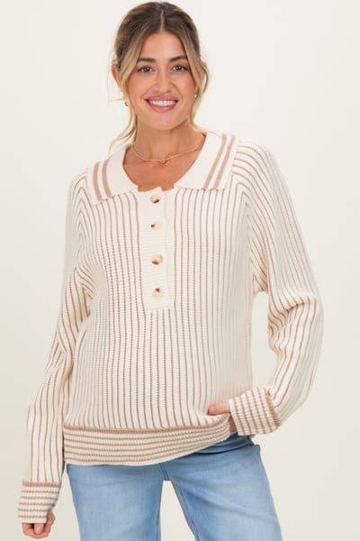 PinkBlush Cream Chunky Rib Striped Detail Polo Maternity Sweater