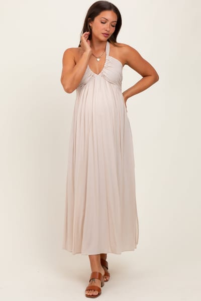 PinkBlush Cream Halter Neck Side Slit Maternity Midi Dress