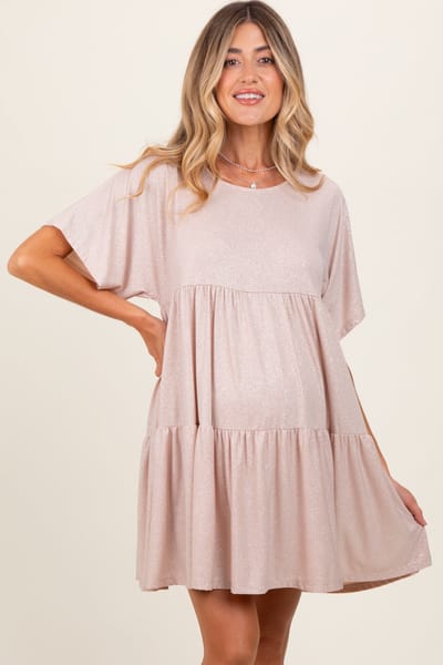 Rhea + Thea Beige Glitter Flutter Sleeve Tiered Maternity Dress