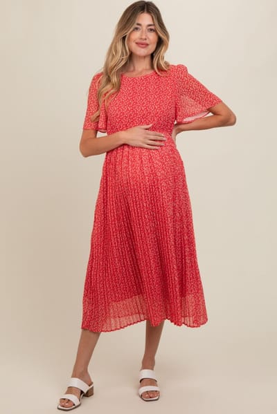 Hayden Red Floral Pleated Maternity Midi Dress