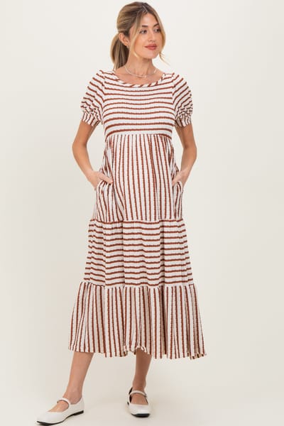Rhea + Thea Cream/Camel Striped Short Sleeve Tiered Maternity Maxi Dress
