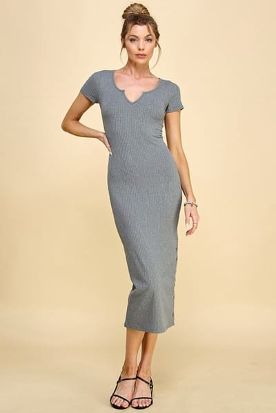Hearts and Hips Charcoal Short Sleeve Side Button Ribbed Midi Dress