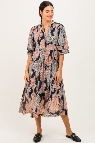 Umgee Black Floral Chiffon Front Tie Midi Dress