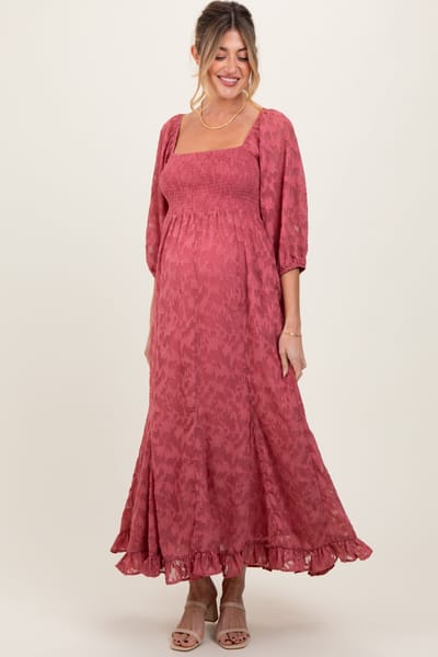 PinkBlush Mauve Textured Overlay Smocked Ruffled Hem Maternity Maxi Dress