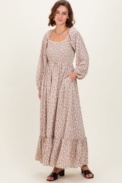 Elloh Pink Floral Smocked Lace Trim Sweetheart Maxi Dress