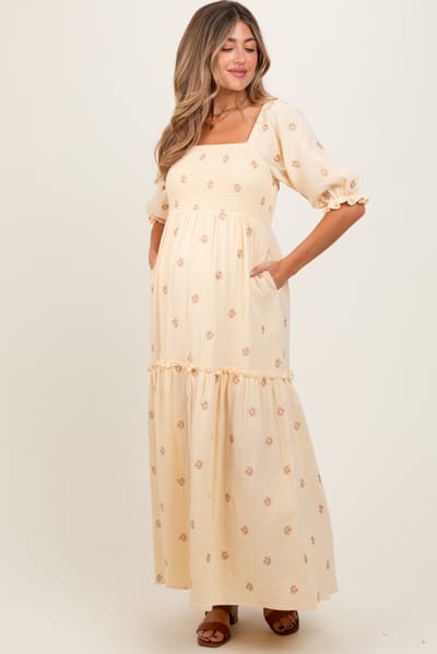 J.NNA Cream Floral Smocked Puff Sleeve Maternity Maxi Dress