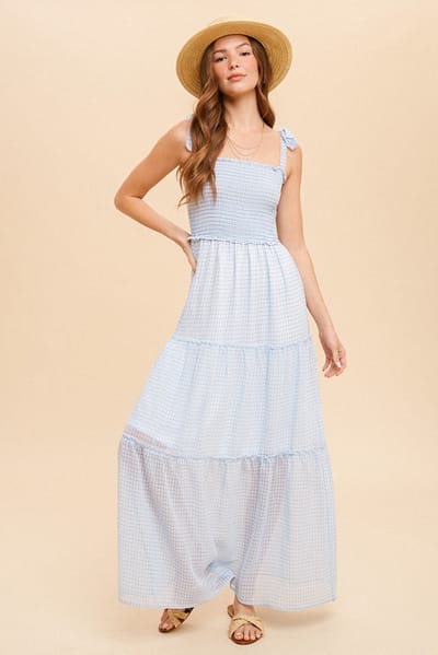 Hem & Thread Blue Tie Shoulder Smock Tiered Check Chiffon Dress