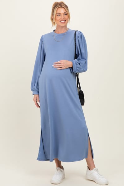 Jodifl Blue Side Slit Detail Solid Maternity Midi Dress