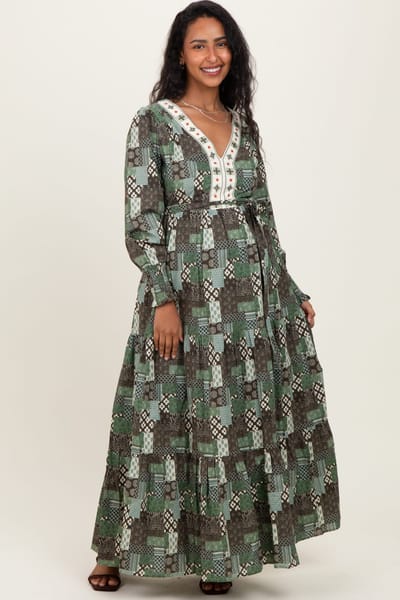 PinkBlush Olive Patchwork Print Tiered Long Sleeve Maternity Maxi Dress