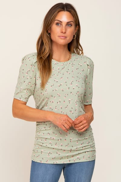 Hello Miz Light Olive Floral Side Ruched Short Sleeve Top