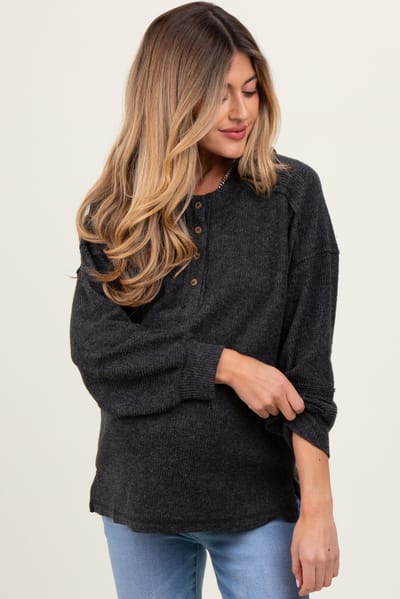 Zenana Outfitters Charcoal Oversized Ribbed Knit Henley Maternity Sweater