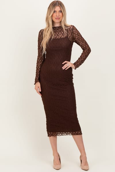Blue S Brown Lace Overlay Fitted Midi Dress