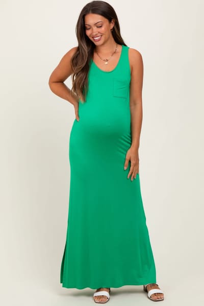 PinkBlush Green Basic Pocket Sleeveless Maternity Maxi Dress