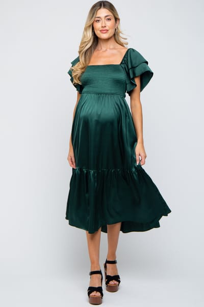 Elloh Forest Green Satin Flutter Sleeve Maternity Midi Dress