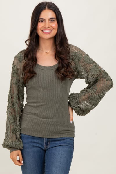 So Me Olive Floral Lace Balloon Sleeve Top