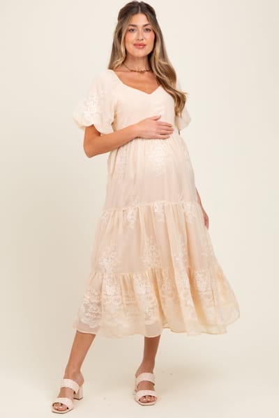 Tea N Rose Beige Floral Embroidered Chiffon Maternity Midi Dress