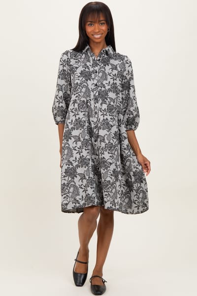 Polagram Black Floral Button Down 3/4 Sleeve Midi Dress