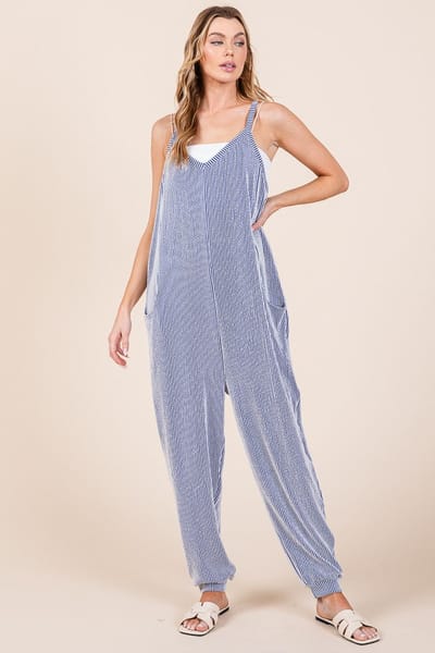 BomBom Royal Blue Ribbed Sleeveless Jumpsuit