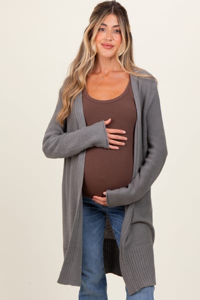 PinkBlush Charcoal Contrast Rib Long Maternity Open Cardigan