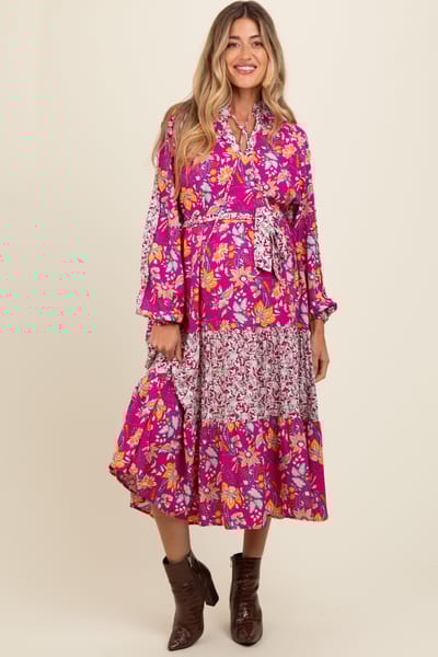 BiBi Magenta Mixed Floral Front Tie Maternity Midi Dress