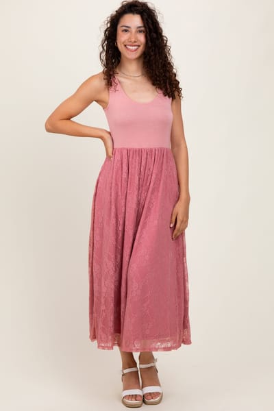 Rhea + Thea Mauve Solid Tank Top Lace Skirt Midi Dress