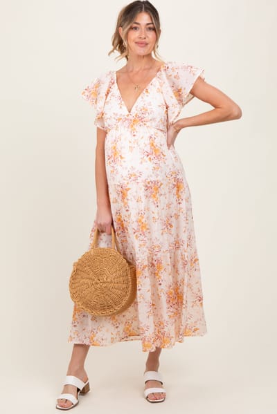 Be Cool Peach Floral Flutter Sleeve Tiered Maternity Maxi Dress