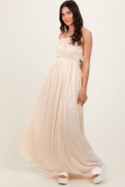 Dress Day Beige Lace Bodice Cutout Tie Back Maxi Dress