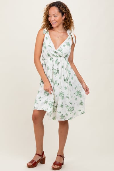 Hello Miz Ivory Green Floral Knotted Wrap V-Neck Dress