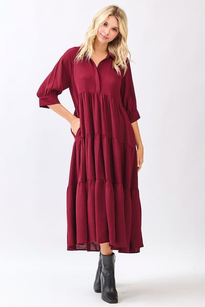 Mitto Wine Collared Button Up Tiered Midi Dress