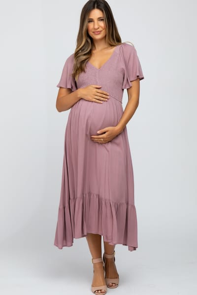 Jodifl Mauve Smocked V-Neck Maternity Midi Dress